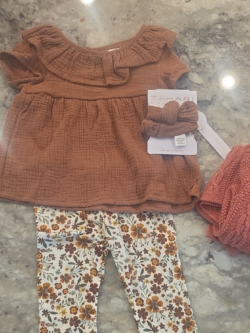 Tahari Girls Rust Gauze Ruffle Top with Floral Leggings Set